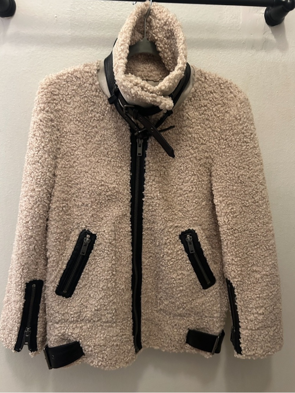 ZARA Shearling Faux Fur Teddy Aviator Moto Jacket Coat High Collar LIKE NEW - Picture 13 of 16